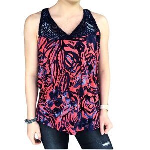 LUCKY Brand Crochet Floral Racerback Tank Blue Orange Size XS